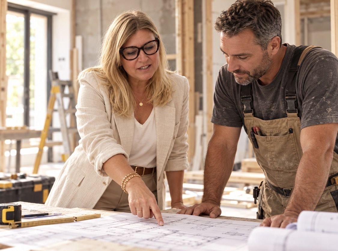 Marie Gondal sur un chantier de rénovation, expliquant un plan à un artisan